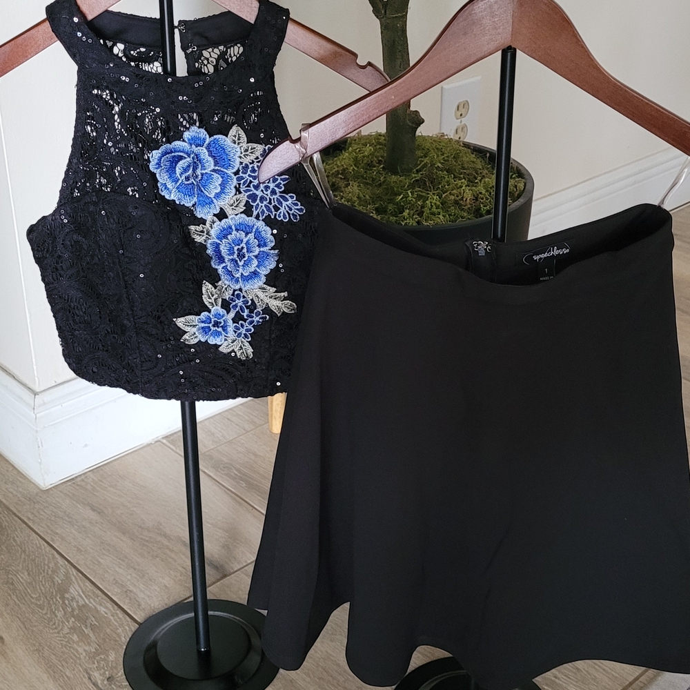 Black Lace Top with Blue Floral Embroidery and Black Skirt
